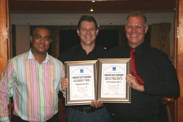 Daan Meintjies, Newrak Mine overseer at Lonmin Marikana (K4B/1B), received two awards for significant safety achievements.